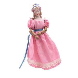 Vintage Shackman Bisque Doll Jointed Wood Body Pink Dress 9.5” Figure - Japan